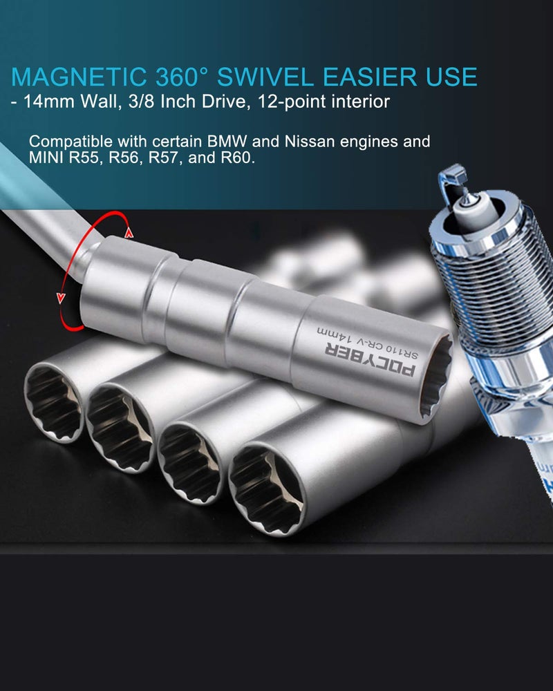 POCYBER 14mm قطب شرارة التوصيل المقبس 3/8 "" محرك تعزيز المغناطيسي 12 نقطة 9/16 "" رقيقة مقبس الحائط شرارة التوصيل أداة إزالة الصواميل Cr-v الصلب - Image 3